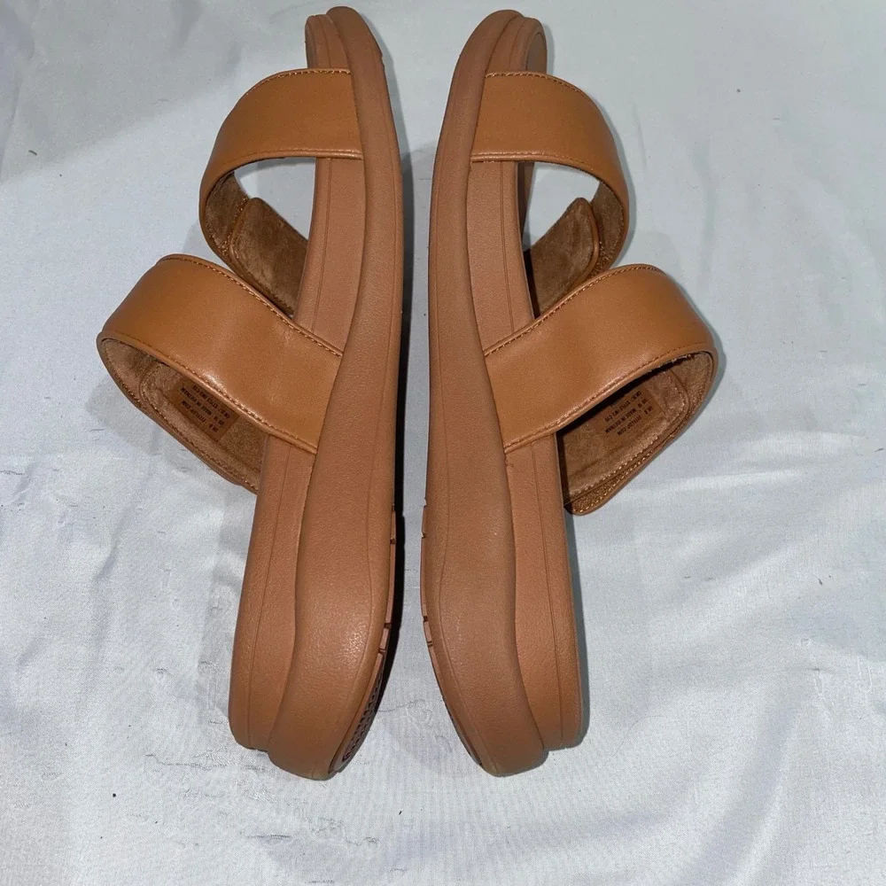 FitFlop F-Mode Go Adjustable Flatform Two-Bar Slides Deep Tan IW2-C15 Womens 10